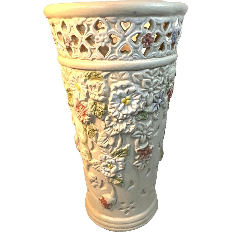 Vintage K's Collection 8" Ceramic Vase | Embossed Pastel 3D Flowers & Cutouts